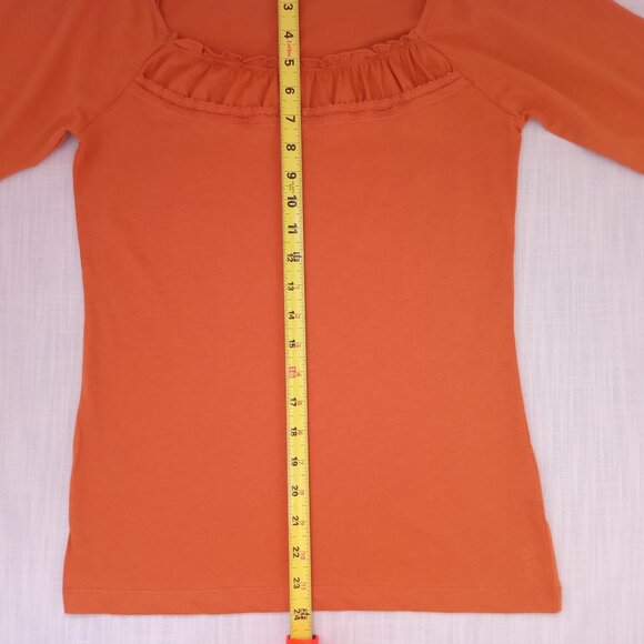 Esprit Women's T-shirt Cotton Burnt Orange 3/4 Sleeve Ruffles Crochet Size XS - Picture 5 of 5